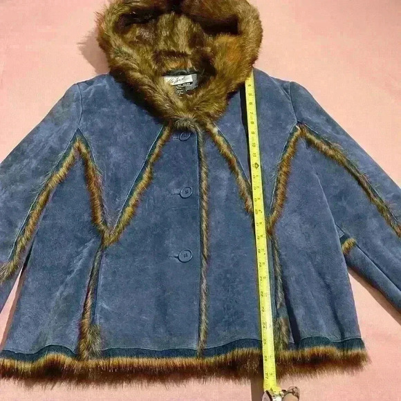 The LOOK Randolph Duke Womens Suede & Faux Fur Blue Fox Jacket Hood Size Large - Picture 6 of 16